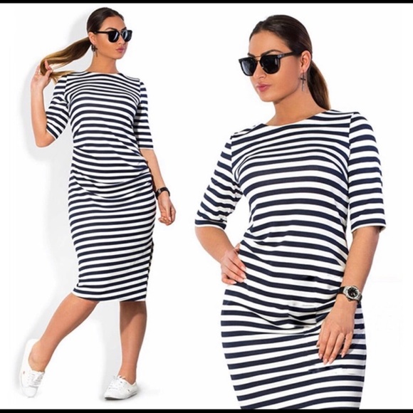 Dresses & Skirts - Black White Stripe Sheath Dress Casual 3/4 Sleeve